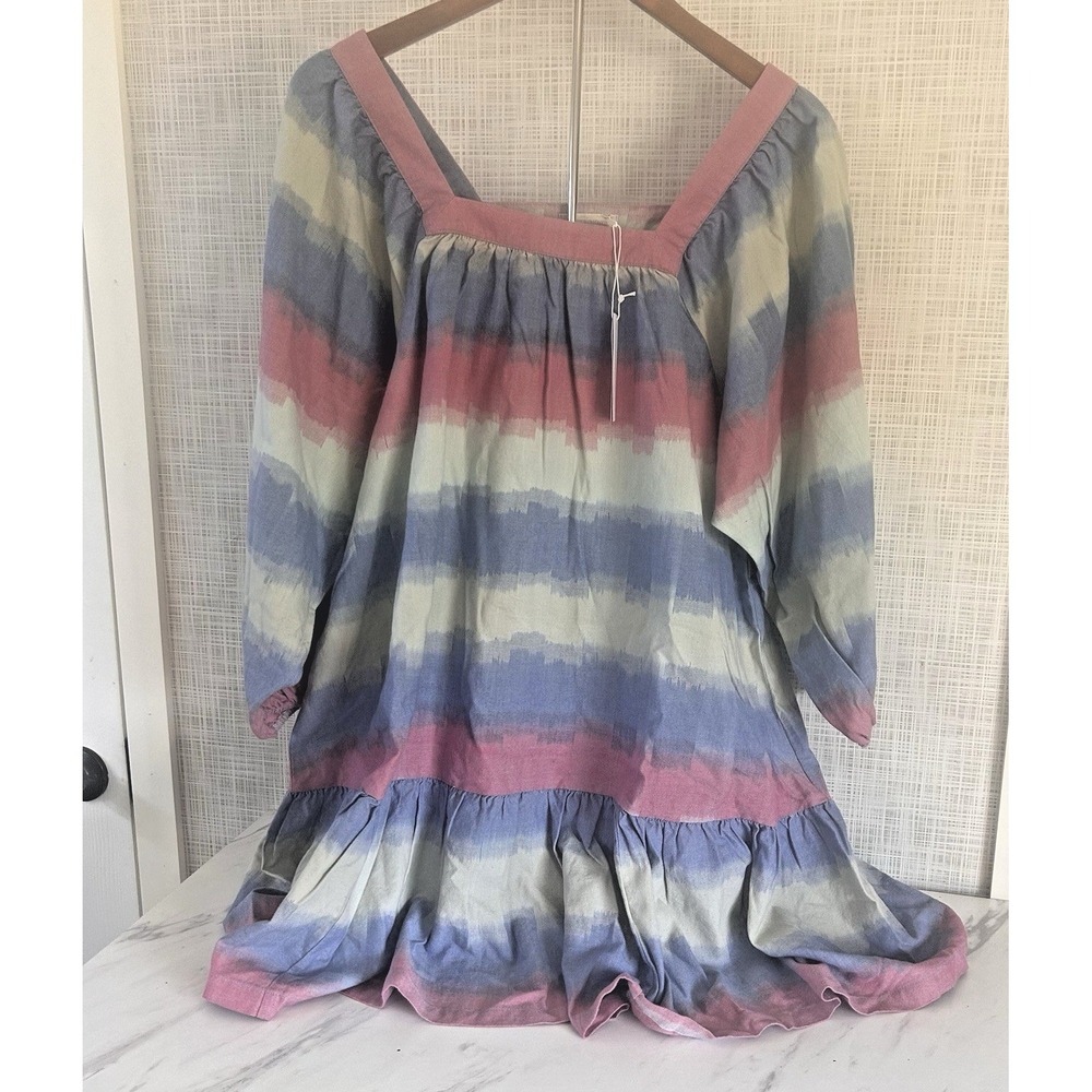 Outerknown Astrid Dress Blue Pink Striped Swing Organic Cotton Womens Med‎ BxEE